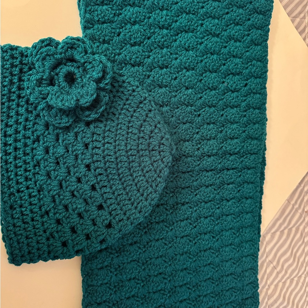 Teal Crochet Scarf and Hat Set